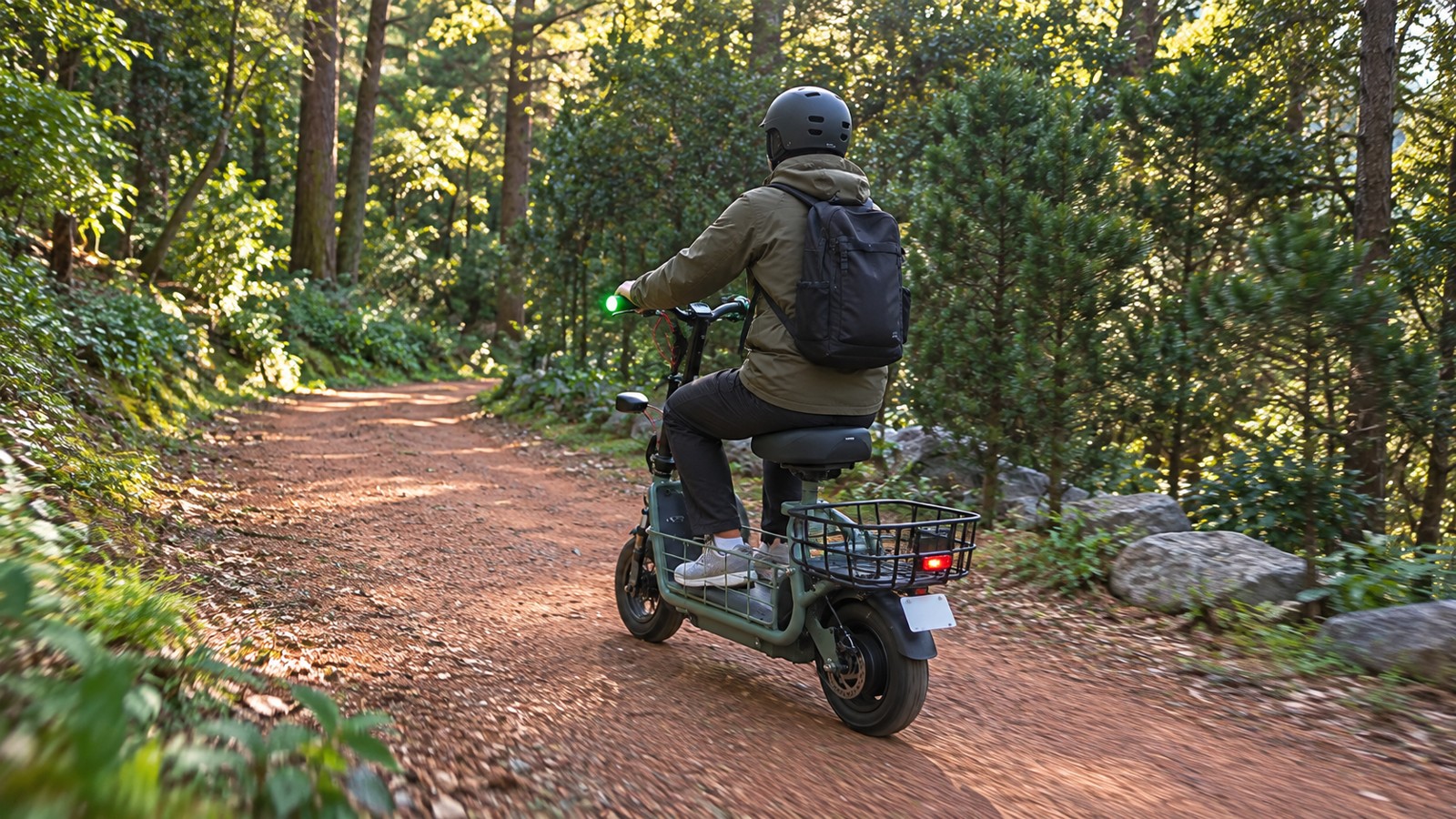 森の山道を、電動バイクでゆっくり走る後ろ姿